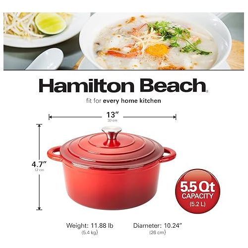  Hamilton Beach Enameled Cast Iron Dutch Oven 5.5-Quart Red, Cream Enamel Dutch Oven Pot with Lid