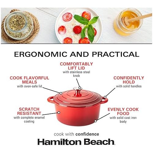  Hamilton Beach Enameled Cast Iron Dutch Oven 5.5-Quart Red, Cream Enamel Dutch Oven Pot with Lid