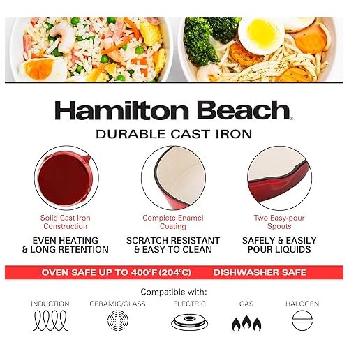  Hamilton Beach Enameled Cast Iron Fry Pan 8-Inch Red, Cream Enamel Coating, Skillet Pan for Stove Top and Oven
