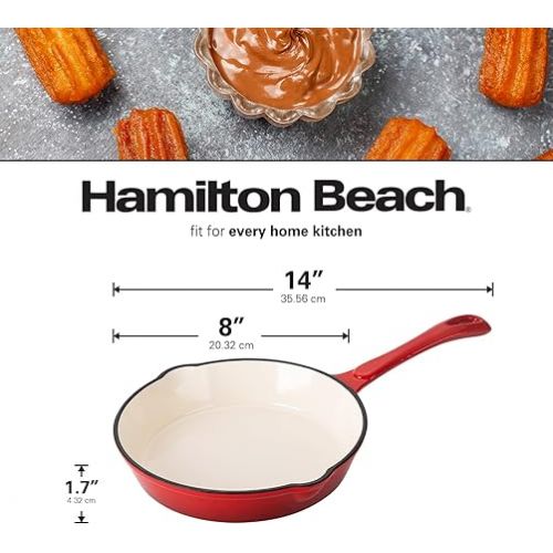  Hamilton Beach Enameled Cast Iron Fry Pan 8-Inch Red, Cream Enamel Coating, Skillet Pan for Stove Top and Oven