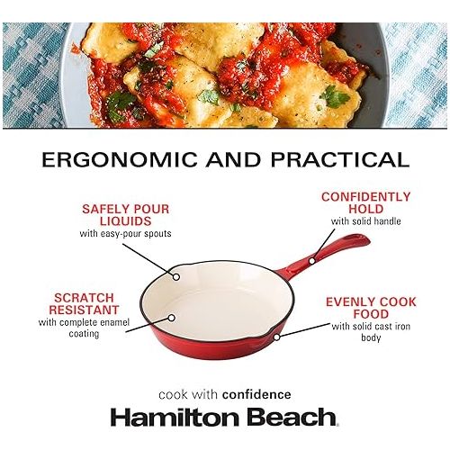  Hamilton Beach Enameled Cast Iron Fry Pan 8-Inch Red, Cream Enamel Coating, Skillet Pan for Stove Top and Oven