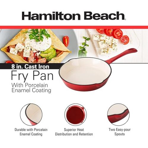  Hamilton Beach Enameled Cast Iron Fry Pan 8-Inch Red, Cream Enamel Coating, Skillet Pan for Stove Top and Oven