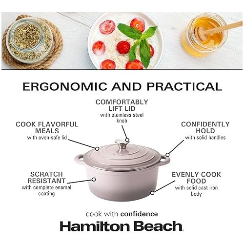  Hamilton Beach Enameled Cast Iron Dutch Oven 5.5-Quart Gray, Cream Enamel Dutch Oven Pot with Lid, Cast Iron Dutch Oven with Even Heat Distribution, Safe Up to 400 Degrees, Durable