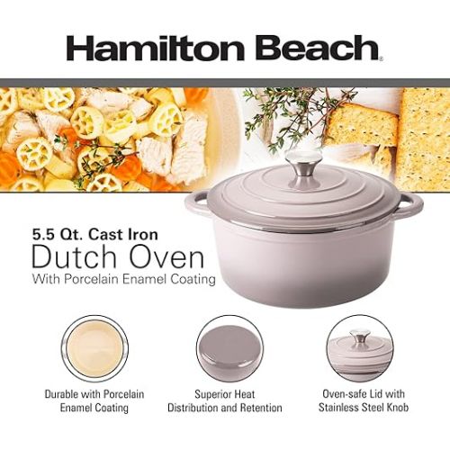  Hamilton Beach Enameled Cast Iron Dutch Oven 5.5-Quart Gray, Cream Enamel Dutch Oven Pot with Lid, Cast Iron Dutch Oven with Even Heat Distribution, Safe Up to 400 Degrees, Durable