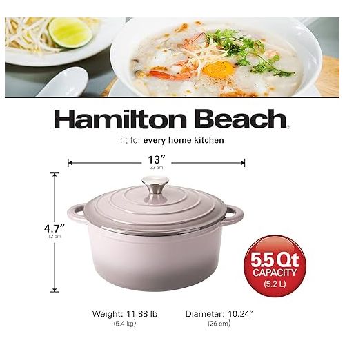  Hamilton Beach Enameled Cast Iron Dutch Oven 5.5-Quart Gray, Cream Enamel Dutch Oven Pot with Lid, Cast Iron Dutch Oven with Even Heat Distribution, Safe Up to 400 Degrees, Durable