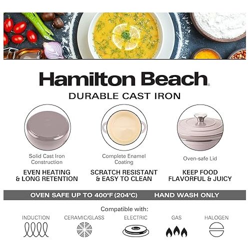  Hamilton Beach Enameled Cast Iron Dutch Oven 5.5-Quart Gray, Cream Enamel Dutch Oven Pot with Lid, Cast Iron Dutch Oven with Even Heat Distribution, Safe Up to 400 Degrees, Durable