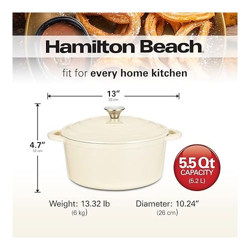  Hamilton Beach Enameled Cast Iron Dutch Oven 5.5-Quart Cream, Cream Enamel Dutch Oven Pot with Lid, Cast Iron Dutch Oven with Even Heat Distribution, Safe Up to 400 Degrees, Durable