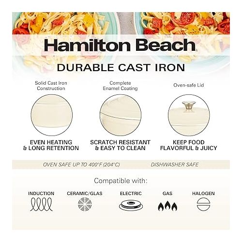  Hamilton Beach Enameled Cast Iron Dutch Oven 5.5-Quart Cream, Cream Enamel Dutch Oven Pot with Lid, Cast Iron Dutch Oven with Even Heat Distribution, Safe Up to 400 Degrees, Durable