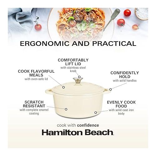  Hamilton Beach Enameled Cast Iron Dutch Oven 5.5-Quart Cream, Cream Enamel Dutch Oven Pot with Lid, Cast Iron Dutch Oven with Even Heat Distribution, Safe Up to 400 Degrees, Durable