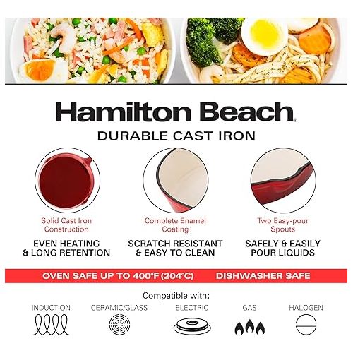  Hamilton Beach Enameled Cast Iron Fry Pan 10-Inch Red, Cream Enamel coating, Skillet Pan For Stove top and Oven, Even Heat Distribution, Safe Up to 400 Degrees, Durable