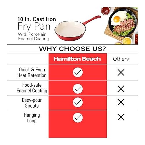  Hamilton Beach Enameled Cast Iron Fry Pan 10-Inch Red, Cream Enamel coating, Skillet Pan For Stove top and Oven, Even Heat Distribution, Safe Up to 400 Degrees, Durable