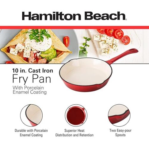  Hamilton Beach Enameled Cast Iron Fry Pan 10-Inch Red, Cream Enamel coating, Skillet Pan For Stove top and Oven, Even Heat Distribution, Safe Up to 400 Degrees, Durable