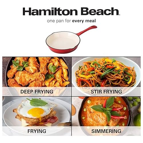  Hamilton Beach Enameled Cast Iron Fry Pan 10-Inch Red, Cream Enamel coating, Skillet Pan For Stove top and Oven, Even Heat Distribution, Safe Up to 400 Degrees, Durable
