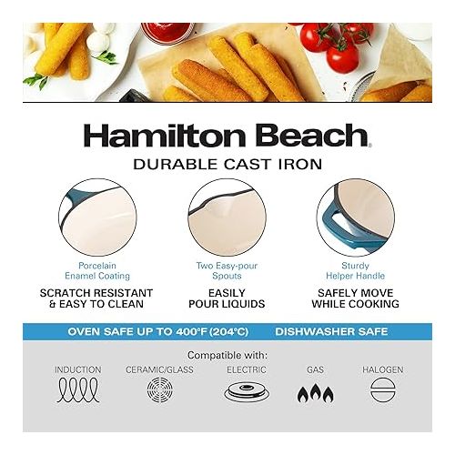  Hamilton Beach Enameled Cast Iron Fry Pan 12-Inch Navy, Cream Enamel Coating, Skillet Pan for Stove Top and Oven