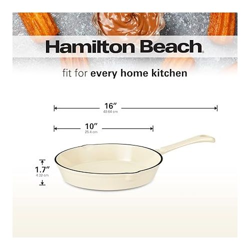  Hamilton Beach Enameled Cast Iron Fry Pan 10-Inch Cream, Cream Enamel Coating, Skillet Pan for Stove Top and Oven