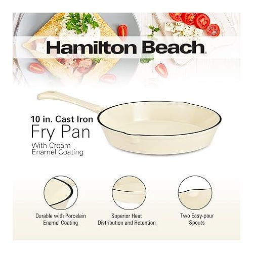  Hamilton Beach Enameled Cast Iron Fry Pan 10-Inch Cream, Cream Enamel Coating, Skillet Pan for Stove Top and Oven