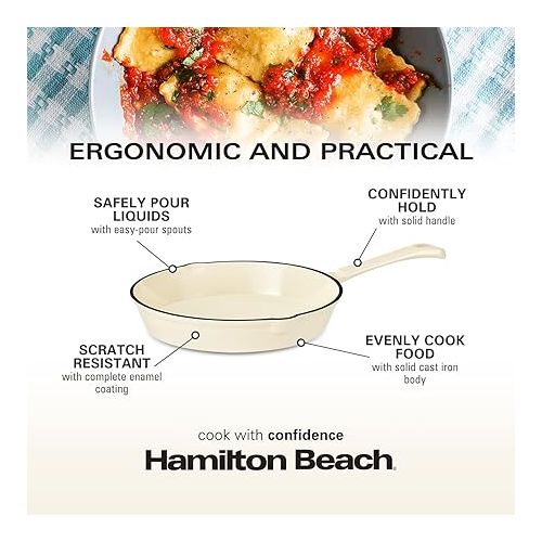  Hamilton Beach Enameled Cast Iron Fry Pan 10-Inch Cream, Cream Enamel Coating, Skillet Pan for Stove Top and Oven