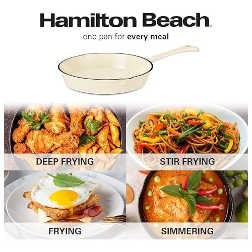  Hamilton Beach Enameled Cast Iron Fry Pan 10-Inch Cream, Cream Enamel Coating, Skillet Pan for Stove Top and Oven