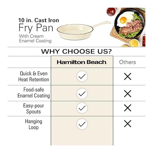  Hamilton Beach Enameled Cast Iron Fry Pan 10-Inch Cream, Cream Enamel Coating, Skillet Pan for Stove Top and Oven