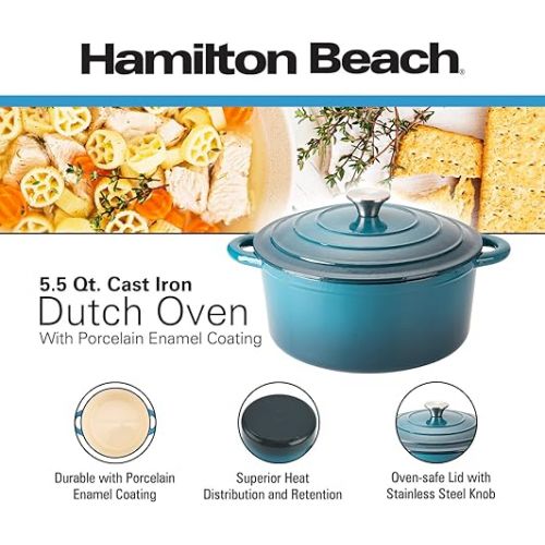  Hamilton Beach Enameled Cast Iron Dutch Oven 5.5-Quart Navy, Cream Enamel Dutch Oven Pot with Lid, Cast Iron Dutch Oven with Even Heat Distribution, Safe Up to 400 Degrees, Durable