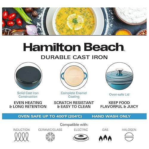  Hamilton Beach Enameled Cast Iron Dutch Oven 5.5-Quart Navy, Cream Enamel Dutch Oven Pot with Lid, Cast Iron Dutch Oven with Even Heat Distribution, Safe Up to 400 Degrees, Durable