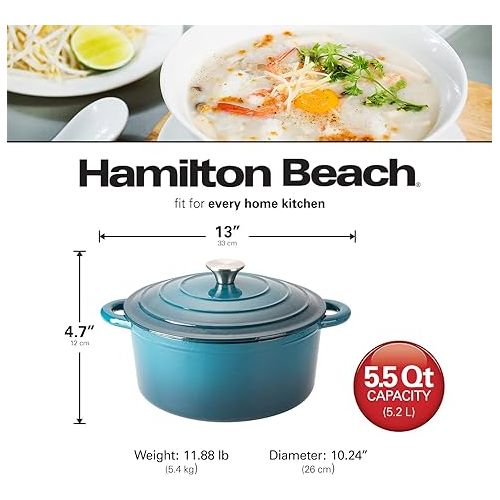  Hamilton Beach Enameled Cast Iron Dutch Oven 5.5-Quart Navy, Cream Enamel Dutch Oven Pot with Lid, Cast Iron Dutch Oven with Even Heat Distribution, Safe Up to 400 Degrees, Durable