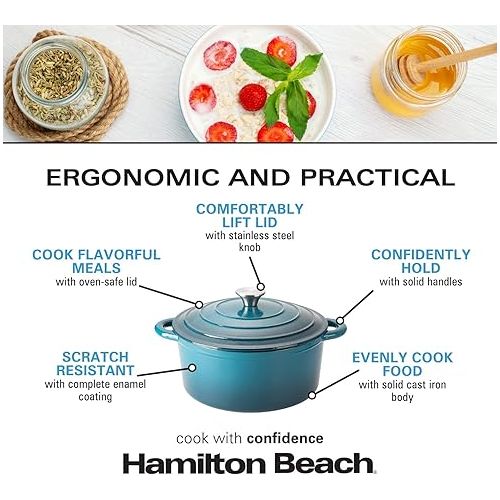  Hamilton Beach Enameled Cast Iron Dutch Oven 5.5-Quart Navy, Cream Enamel Dutch Oven Pot with Lid, Cast Iron Dutch Oven with Even Heat Distribution, Safe Up to 400 Degrees, Durable