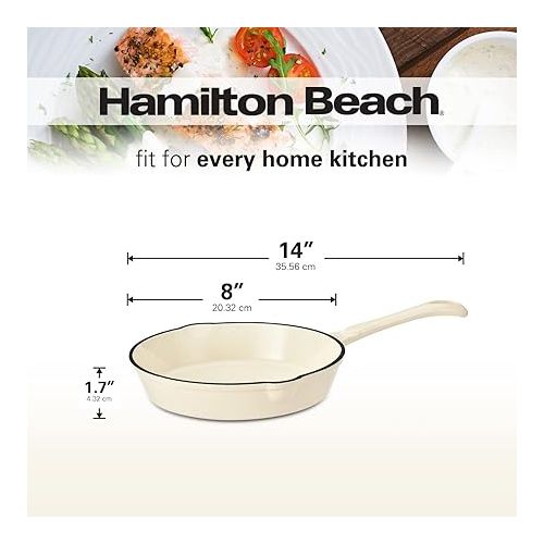  Hamilton Beach Enameled Cast Iron Fry Pan 8-Inch Cream, Cream Enamel Coating, Skillet Pan for Stove Top and Oven