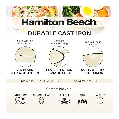  Hamilton Beach Enameled Cast Iron Fry Pan 8-Inch Cream, Cream Enamel Coating, Skillet Pan for Stove Top and Oven