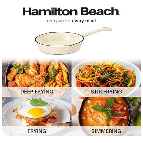  Hamilton Beach Enameled Cast Iron Fry Pan 8-Inch Cream, Cream Enamel Coating, Skillet Pan for Stove Top and Oven