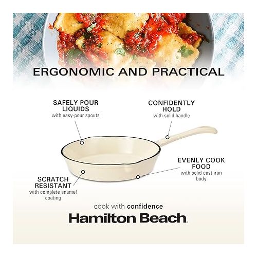  Hamilton Beach Enameled Cast Iron Fry Pan 8-Inch Cream, Cream Enamel Coating, Skillet Pan for Stove Top and Oven