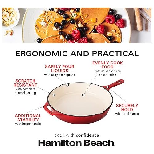  Hamilton Beach Enameled Cast Iron Fry Pan 12-Inch Red, Cream Enamel Coating, Skillet Pan for Stove Top and Oven