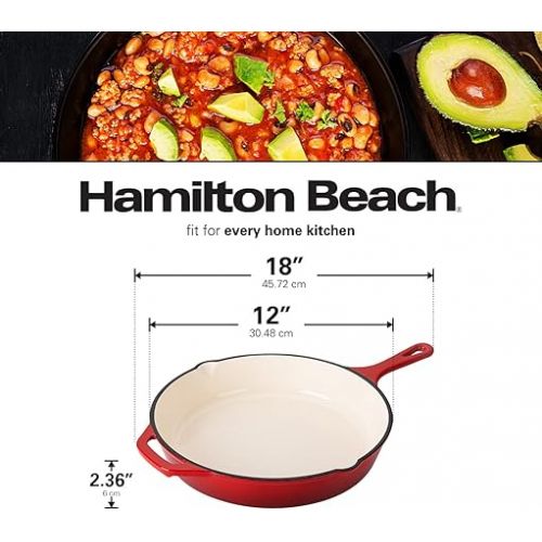  Hamilton Beach Enameled Cast Iron Fry Pan 12-Inch Red, Cream Enamel Coating, Skillet Pan for Stove Top and Oven