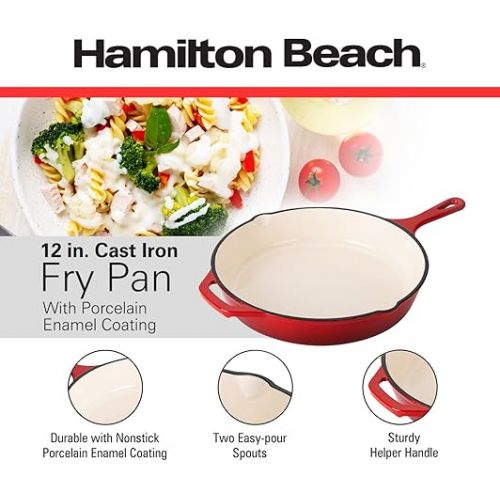  Hamilton Beach Enameled Cast Iron Fry Pan 12-Inch Red, Cream Enamel Coating, Skillet Pan for Stove Top and Oven