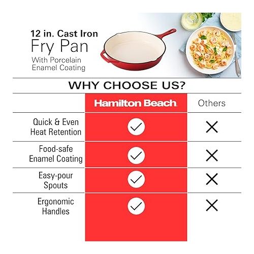  Hamilton Beach Enameled Cast Iron Fry Pan 12-Inch Red, Cream Enamel Coating, Skillet Pan for Stove Top and Oven