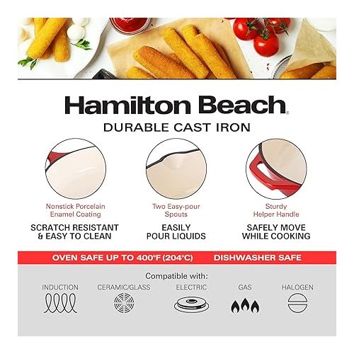  Hamilton Beach Enameled Cast Iron Fry Pan 12-Inch Red, Cream Enamel Coating, Skillet Pan for Stove Top and Oven