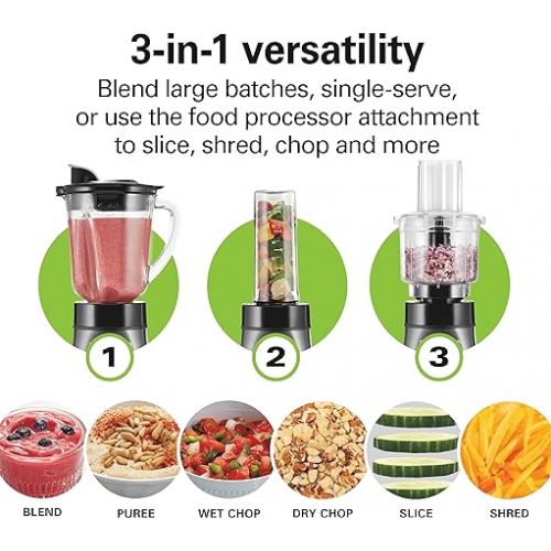  Hamilton Beach Blender for Shakes and Smoothies & Food Processor Combo, With 40oz Glass Jar, Portable Blend-In Travel Cup & 3 Cup Electric Food Chopper Attachment, 700 Watts, Gray & Black (58163)