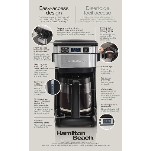  [아마존 핫딜]  [아마존핫딜]Hamilton Beach Programmable Coffee Maker, 12 Cups, Front Access Easy Fill, Pause & Serve, 3 Brewing Options, Black (46310)