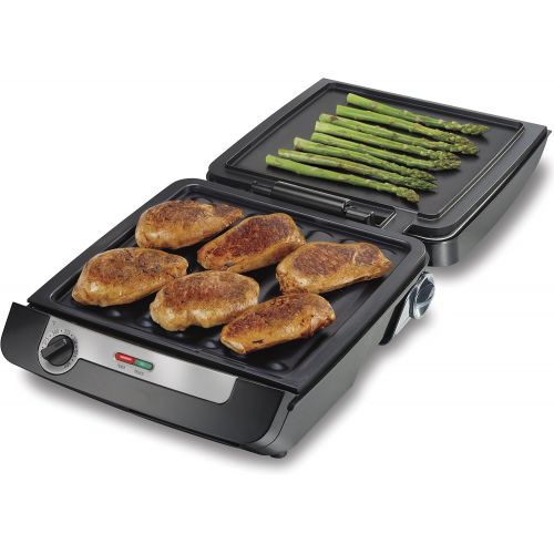  [아마존핫딜][아마존 핫딜] Hamilton Beach 4-in-1 Indoor Grill & Electric Griddle Combo with Bacon Cooker, Opens Flat to Double Cooking Surface, Removable Nonstick Plates, Black & Silver (25601)