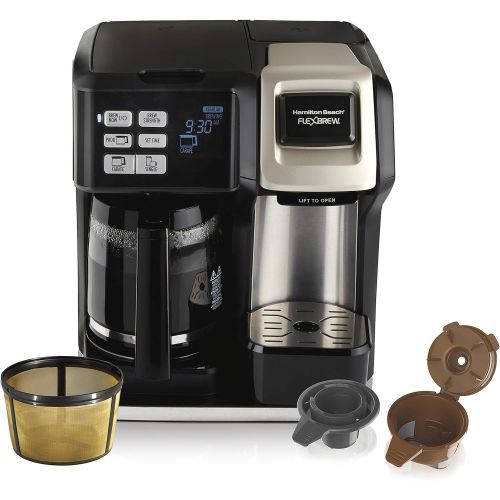  [아마존 핫딜] Hamilton Beach FlexBrew Coffee Maker, Single Serve & Full Pot, Compatible with K-Cup Pods or Grounds, Programmable, Includes Permanent Filter, Black (49950C), Silver