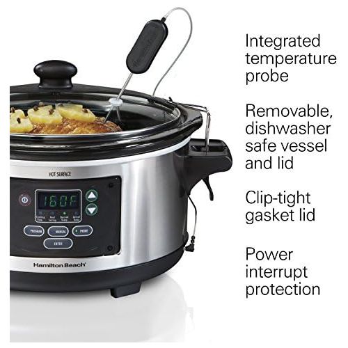  [아마존베스트]Hamilton Beach 6-Quart Slow Cooker, Programmable, Set & Forget With Temperature Probe, Transport Clips, Sealing Lid (33969A), 275 Watts, Stainless Steel