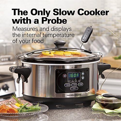  [아마존베스트]Hamilton Beach 6-Quart Slow Cooker, Programmable, Set & Forget With Temperature Probe, Transport Clips, Sealing Lid (33969A), 275 Watts, Stainless Steel