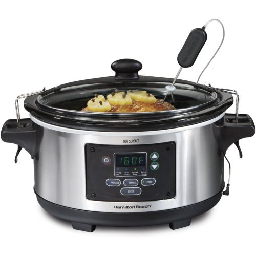  [아마존베스트]Hamilton Beach 6-Quart Slow Cooker, Programmable, Set & Forget With Temperature Probe, Transport Clips, Sealing Lid (33969A), 275 Watts, Stainless Steel