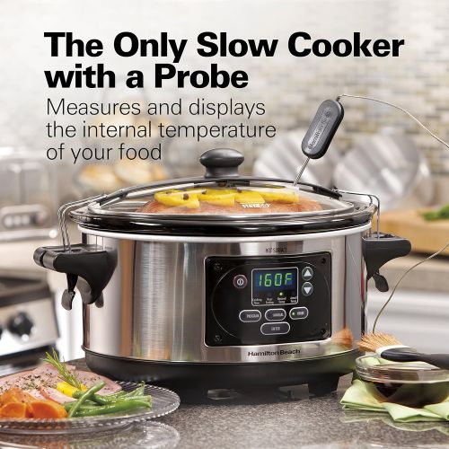  [아마존베스트]Hamilton Beach 6-Quart Slow Cooker, Programmable, Set & Forget With Temperature Probe, Transport Clips, Sealing Lid (33969A), 275 Watts, Stainless Steel