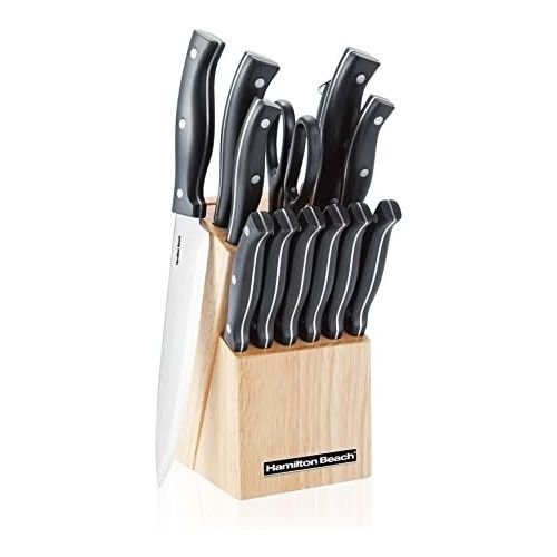  [아마존베스트]Hamilton Beach 14 Piece ABS Full Tang With Rivets Rubber Wood Veneer Block Cutlery Set, 2.2mm, Silver