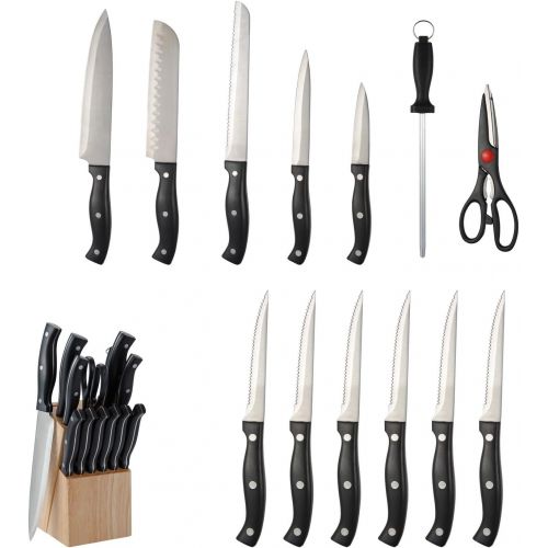  [아마존베스트]Hamilton Beach 14 Piece ABS Full Tang With Rivets Rubber Wood Veneer Block Cutlery Set, 2.2mm, Silver