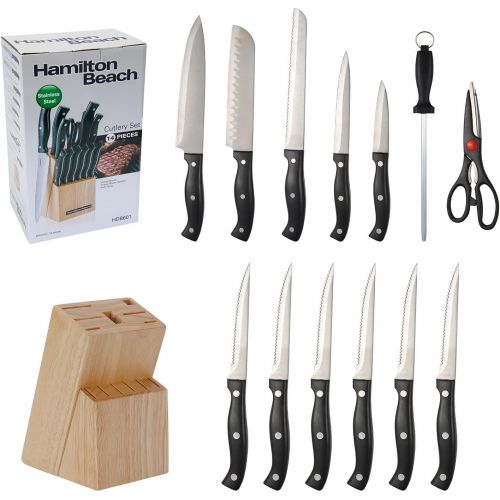  [아마존베스트]Hamilton Beach 14 Piece ABS Full Tang With Rivets Rubber Wood Veneer Block Cutlery Set, 2.2mm, Silver