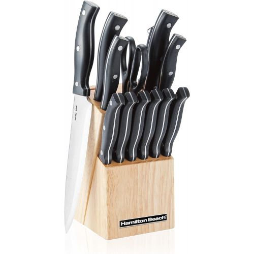  [아마존베스트]Hamilton Beach 14 Piece ABS Full Tang With Rivets Rubber Wood Veneer Block Cutlery Set, 2.2mm, Silver