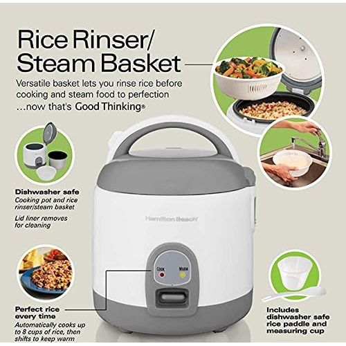  [아마존베스트]Hamilton Beach (37508) Rice Cooker with Rinser/Steam Basket, 4 Cups uncooked resulting in 8 Cups cooked, Mini, White