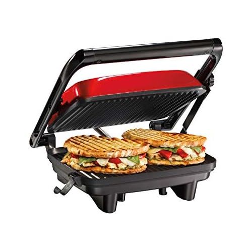  [아마존베스트]Hamilton Beach Electric Panini Press Grill With Locking Lid, Opens 180 Degrees For Any Sandwich Thickness, Nonstick 8 X 10 Grids, Red (25462Z)